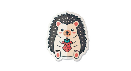 Fototapeta premium Cute Hedgehog Holding Strawberry Sticker, Adorable Cartoon Animal Illustration