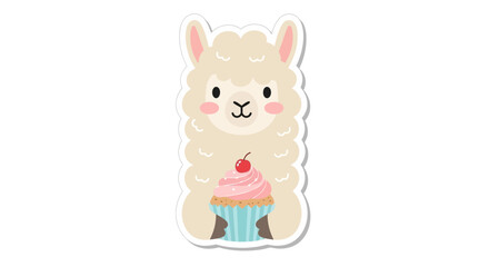 Obraz premium Cute Kawaii Llama Holding a Pink Cupcake with Cherry
