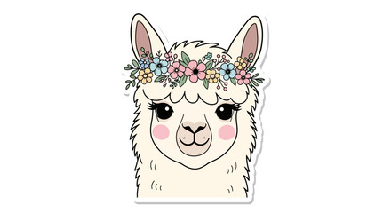 Obraz premium Cute Llama Face with Flower Crown Sticker, Kawaii Alpaca Portrait