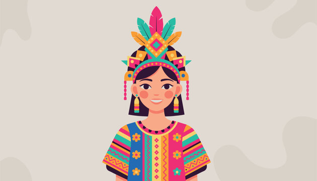 Portrait of an indigenous young woman wearing a magnificent colorful feather headdress and traditional embroidered dress.