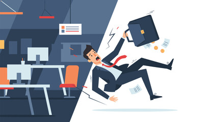 Fototapeta premium Businessman slipping and falling backwards inside a corporate office with coins and papers flying out of his bag.