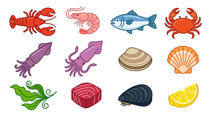 Obraz premium Set of Various Fresh Seafood and Marine Ingredients Illustrations.