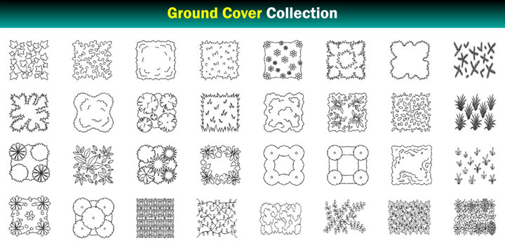 Ground Cover CAD Collection Groundcover Plants, Creeping Vegetation, Lawn Textures, Ornamental Fillers and Landscape Planting Patterns &ndash; CAD Block Set Top View, Clean Thin Line Architectural Style