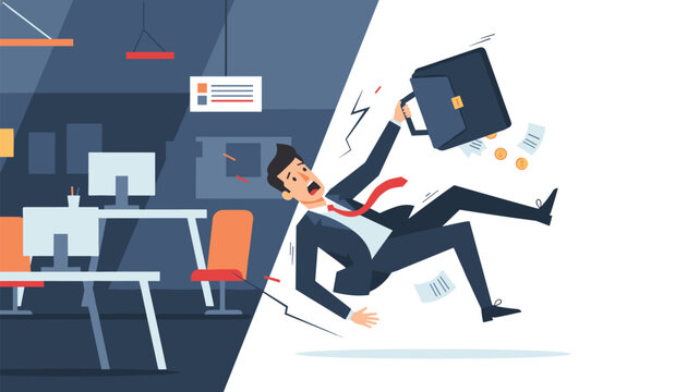 Businessman slipping and falling backwards inside a corporate office with coins and papers flying out of his bag.