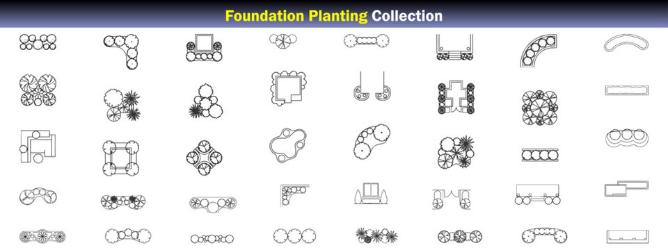 Foundation Planting CAD Collection Building Perimeter Landscapes, Shrub Borders, Entry Garden Beds and Architectural Planting Layouts &ndash; CAD Block Set Top View, Clean Thin Line Architectural Style