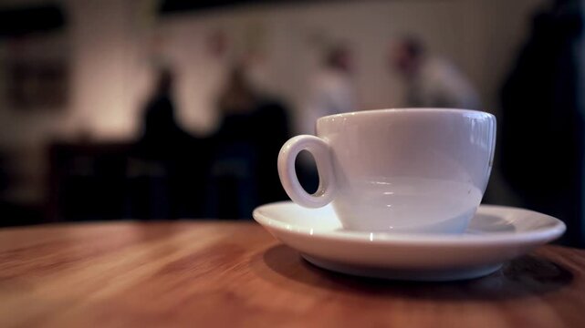 White ceramic coffee cup on wooden table, steaming hot espresso in cafe interior, blurred restaurant background with people, cozy morning atmosphere