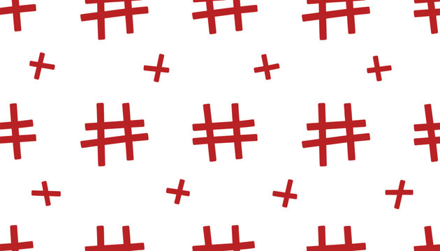 Minimalist seamless pattern featuring red hand drawn hashtag symbols and tiny plus signs on a plain white background.