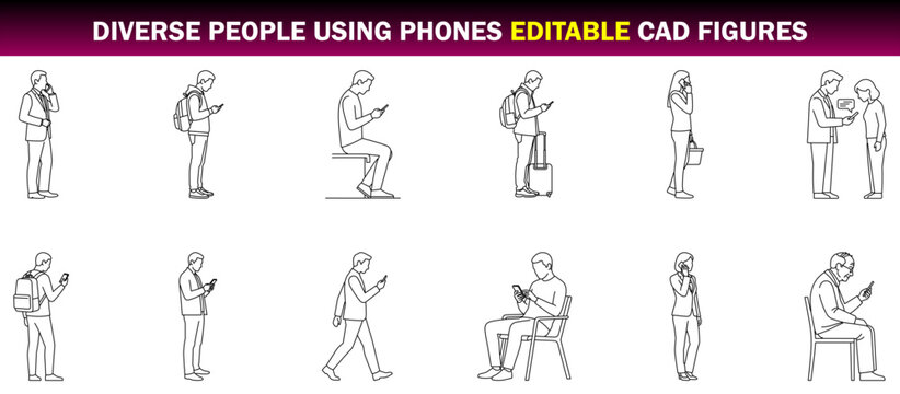 Diverse People Using Phones Editable CAD Figures Collection Standing, Walking, Sitting, Calling, Texting and Mobile Device Users &ndash; CAD Block Set Side Elevation, Clean Thin Line Architectural Style