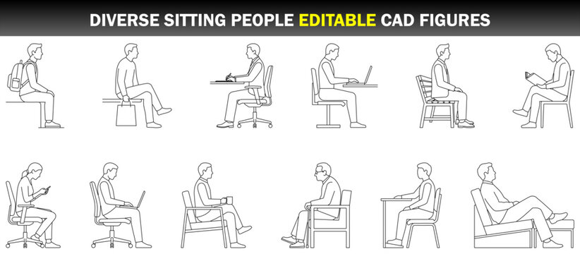 Diverse Sitting People Editable CAD Figures Collection Office Workers, Readers, Laptop Users, Waiting and Relaxed Seating &ndash; CAD Block Set Side Elevation, Clean Thin Line Architectural Style