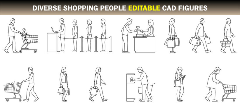 Diverse Shopping People Editable CAD Figures Collection Shoppers, Cashier, Checkout Queue, Shopping Cart, Bags and Retail Customers &ndash; CAD Block Set Side Elevation, Clean Thin Line Architectural Style
