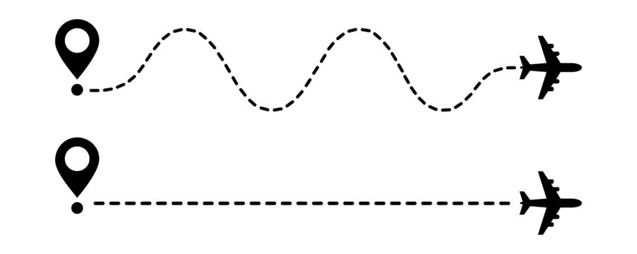 Minimalist airplane flight path icon set showing direct and indirect travel routes with dashed lines for efficiency, navigation, and route optimization