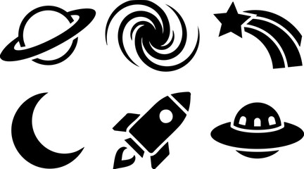 Simple black vector graphic icons depicting various celestial space elements including a rocket and planet © Duel