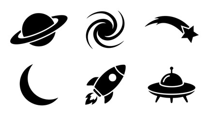 Minimalist vector graphic illustration collection featuring various space elements like planets rockets and stars in black © Duel