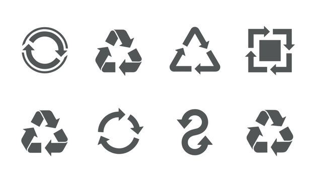 Collection of eight diverse circular and triangular recycling symbols is isolated on a clean plain white background.