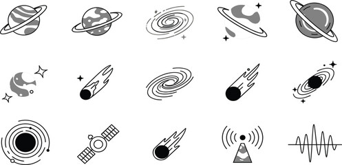 Space Astronomy Icon Set with Planets Galaxies Comets Satellites Signals and Cosmic Exploration Symbols © Jaba