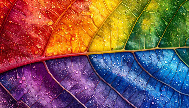 Close-up Rainbow Leaf with Water Droplets Macro Shot