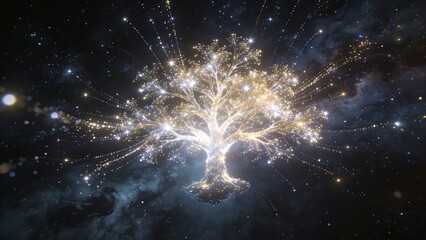 Fototapeta premium Glowing celestial tree representing cosmic energy and wisdom in vast infinite space nebula.