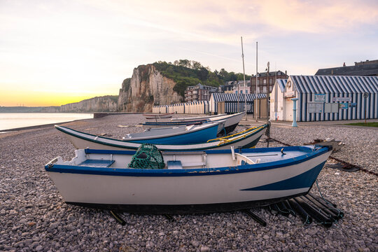 Peaceful seaside views of Yport near &Eacute;tretat reveal the impressive cliffs and beautiful coastline that define Normandy France.