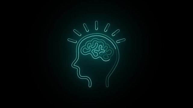 Glowing Neon Mindset Icon with Human Brain, Growth Thinking, Innovation, Success, AI, Transparent Background