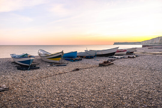 Beautiful coastal landscape of Yport near &Eacute;tretat with white cliffs pebble beach and breathtaking views along the Normandy coast of France.