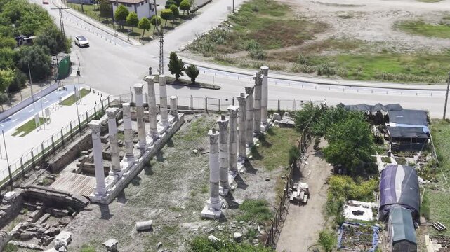 Aerial View of Soli-Pompeiopolis Ancient City Ruins in Turkey Showing Roman Era Archaeological Remains and Coastal Settlement Landscape