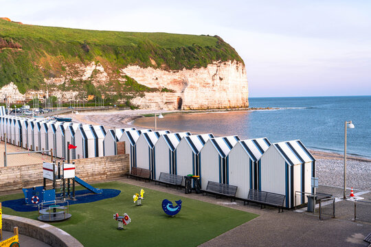 Beautiful coastal landscape of Yport near &Eacute;tretat with white cliffs pebble beach and breathtaking views along the Normandy coast of France.