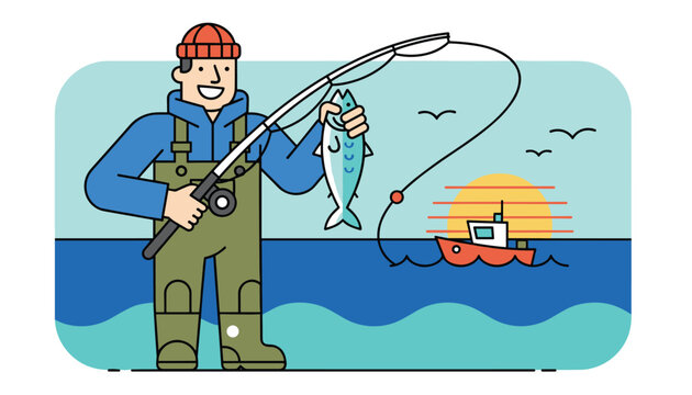 Happy fisherman wearing green waterproof overalls and holding a freshly caught fish next to his boat at sunset.