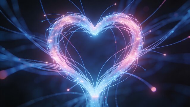 Abstract heart made of glowing fiber optic cables in vibrant blue and pink colors on dark background.