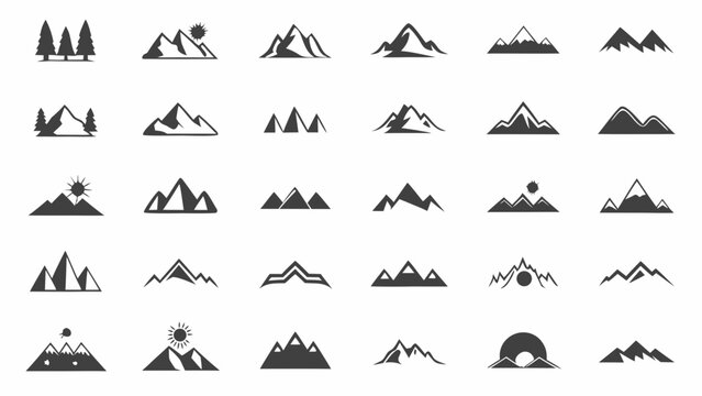 Collection of black mountain silhouettes and pine tree shapes on a white background vector graphics alpine ascent black and white