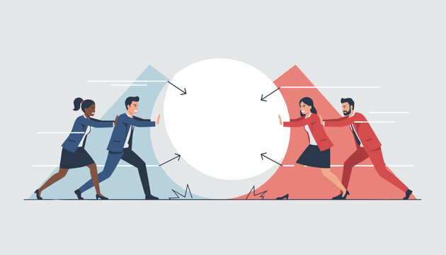 Teams of businesspeople in red and blue suits pushing a giant white ball against each other in a fierce competition.