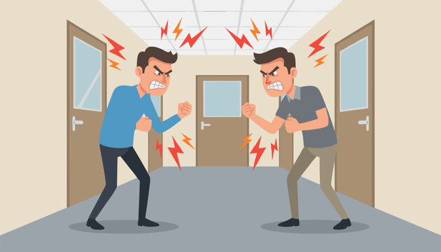 Two angry men confront each other in a corridor with clenched fists expressing fury and conflict during a tense argument.