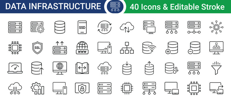 Data infrastructure icons set with editable stroke, vector illustration