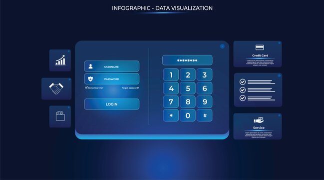 Futuristic cybersecurity dashboard infographic in shades of blue. Features a data visualization panel for password security, six options. Secure login interface; suitable for corporate, IT, ux, ui