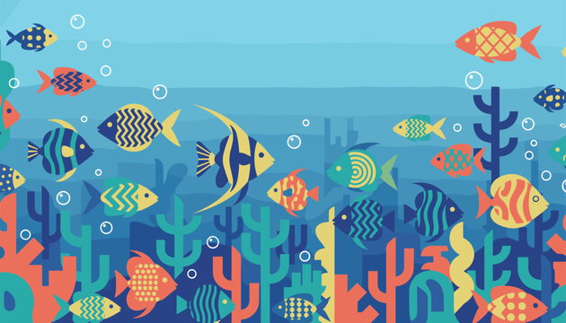 Diverse collection of colorful tropical fish swims gracefully over vibrant coral reefs in the deep blue ocean.