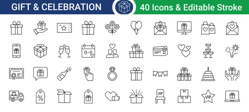 Gift and celebration icons set, vector illustration