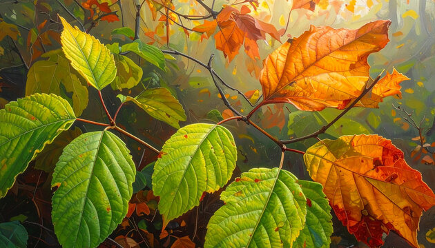 Autumn leaves transitioning from green to orange on branches