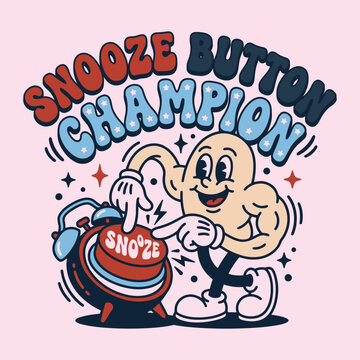 Muscular cartoon alarm clock mascot character hitting the snooze button with waking up rubber hose t shirt champion illustration character muscular waking