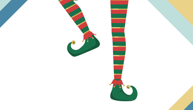 Playful striped green and red christmas elf legs wearing pointy green shoes with gold bells in a dancing pose.