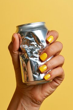 Hand with yellow manicured nails holding a crushed silver aluminum beverage can against a bright yellow background.
