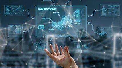 Obraz premium Technical layout of electric vehicle showing battery system, power control, traction motor, charging interface, and integration with renewable and smart energy sources Marrow