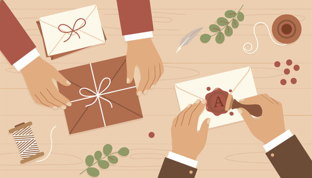 Flat design top view illustration of hands sealing a letter envelope with a wax stamp and tying ribbon on a parcel.