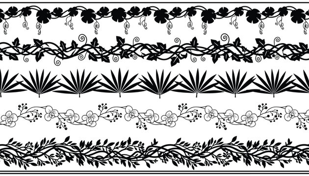 Collection of black and white seamless horizontal floral borders featuring vines, leaves, palm fronds, and flowers.