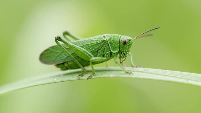 Small green grasshopper on a leaf with soft bokeh background during a sunny day