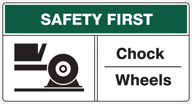 A safety sign with a wheel and chock warning is posted indoors.