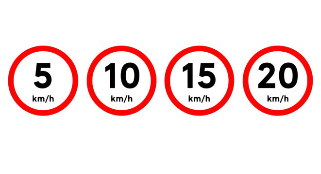 Speed limit signs display 5, 10, 15, 20 km/h restrictions