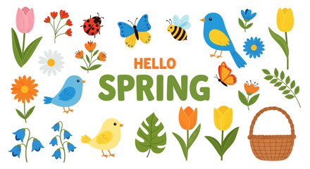 Obraz premium A colorful spring scene with flowers, birds, and insects welcomes the season.