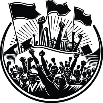 Dynamic Illustration of a Crowd Celebrating with Flags and Stadium in the Background