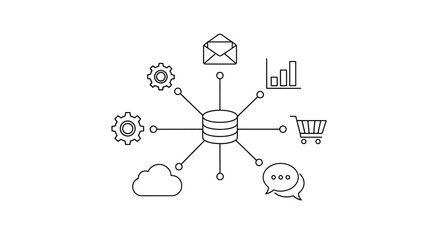 Fototapeta premium The vbnjhgv system connects various icons representing data exchange and communication online.
