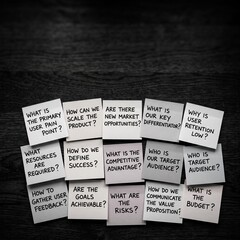 Fototapeta premium Business strategy questions on sticky notes to enhance product development and market analysis.