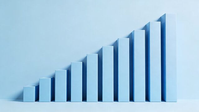 Series of light blue bars arranged in rising staircase pattern against plain blue background.